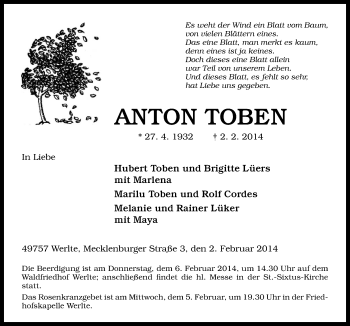 Traueranzeige von Anton Toben von Neue Osnabrücker Zeitung GmbH & Co. KG