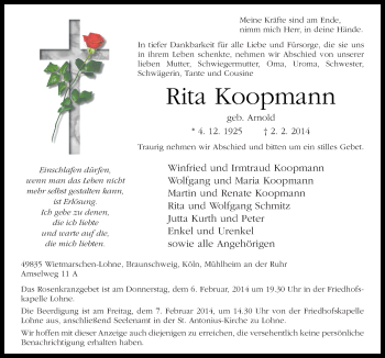 Traueranzeige von Rita Koopmann von Neue Osnabrücker Zeitung GmbH & Co. KG