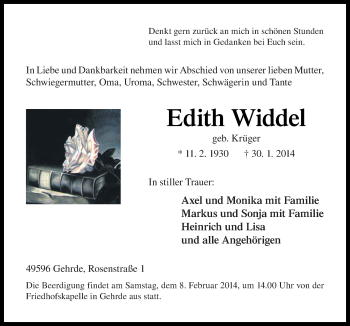 Traueranzeige von Edith Widdel von Neue Osnabrücker Zeitung GmbH & Co. KG