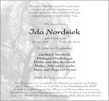 Traueranzeige von Ida Nordsiek von Neue Osnabrücker Zeitung GmbH & Co. KG