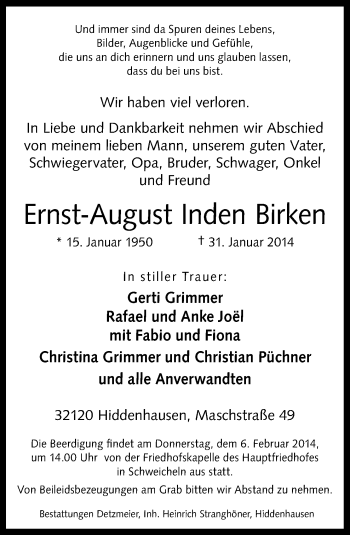 Traueranzeige von Ernst-August Inden Birken von Neue Osnabrücker Zeitung GmbH & Co. KG
