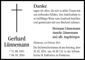 Traueranzeige von Gerhard Lünnemann von Neue Osnabrücker Zeitung GmbH & Co. KG