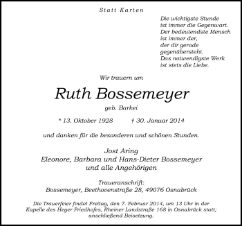 Traueranzeige von Ruth Bossemeyer von Neue Osnabrücker Zeitung GmbH & Co. KG