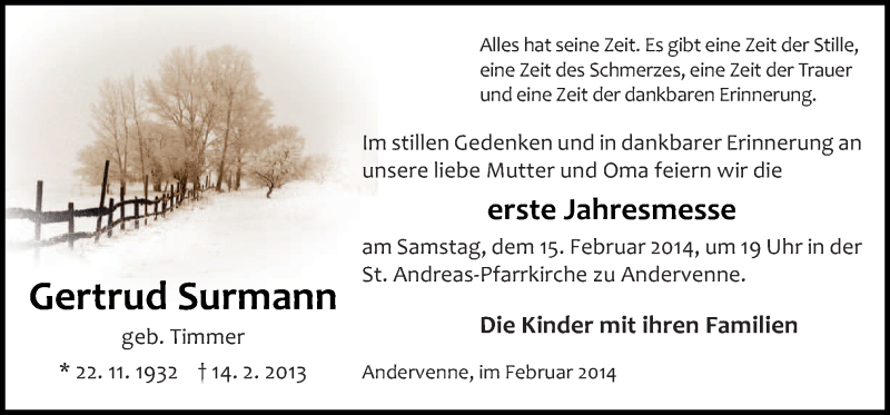  Traueranzeige für Gertrud Surmann vom 12.02.2014 aus Neue Osnabrücker Zeitung GmbH & Co. KG
