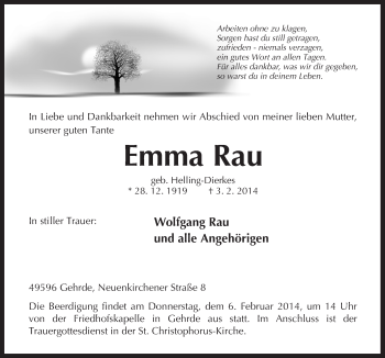 Traueranzeige von Emma Rau von Neue Osnabrücker Zeitung GmbH & Co. KG