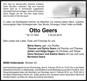 Traueranzeige von Otto Geers von Neue Osnabrücker Zeitung GmbH & Co. KG