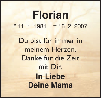 Traueranzeige von Florian  von Neue Osnabrücker Zeitung GmbH & Co. KG
