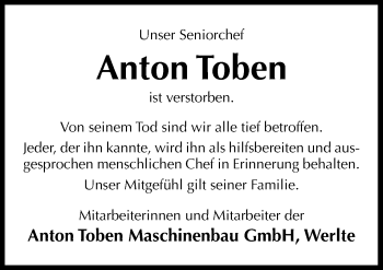 Traueranzeige von Anton Toben von Neue Osnabrücker Zeitung GmbH & Co. KG