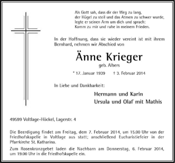 Traueranzeige von Änne Krieger von Neue Osnabrücker Zeitung GmbH & Co. KG