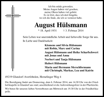 Traueranzeige von August Hülsmann von Neue Osnabrücker Zeitung GmbH & Co. KG