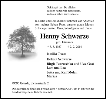 Traueranzeige von Henny Schwarze von Neue Osnabrücker Zeitung GmbH & Co. KG