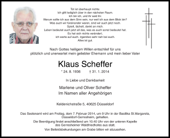 Traueranzeige von Klaus Scheffer von Neue Osnabrücker Zeitung GmbH & Co. KG