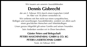 Traueranzeige von Dennis Gisbrecht von Neue Osnabrücker Zeitung GmbH & Co. KG