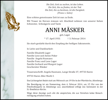Traueranzeige von Anni Mäsker von Neue Osnabrücker Zeitung GmbH & Co. KG