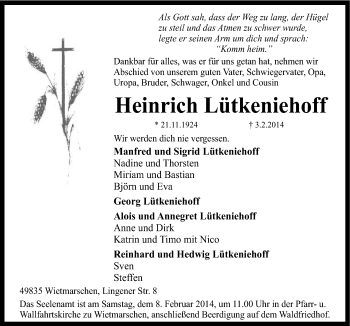 Traueranzeige von Heinrich Lütkeniehoff von Neue Osnabrücker Zeitung GmbH & Co. KG