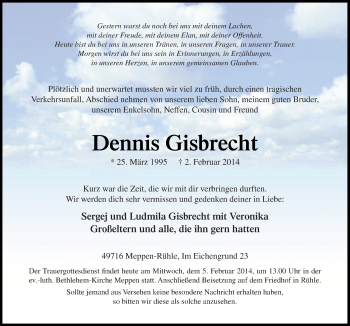 Traueranzeige von Dennis Gisbrecht von Neue Osnabrücker Zeitung GmbH & Co. KG