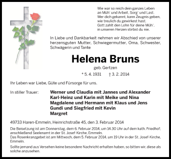 Traueranzeige von Helena Bruns von Neue Osnabrücker Zeitung GmbH & Co. KG