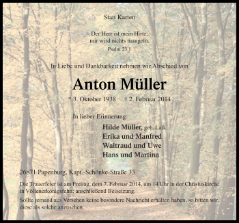 Traueranzeige von Anton Müller von Neue Osnabrücker Zeitung GmbH & Co. KG