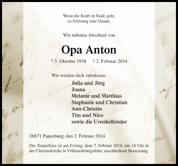 Traueranzeige von Opa Anton  von Neue Osnabrücker Zeitung GmbH & Co. KG