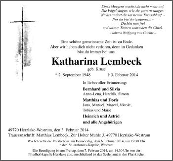 Traueranzeige von Katharina Lembeck von Neue Osnabrücker Zeitung GmbH & Co. KG