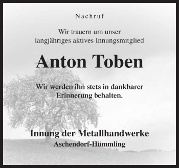 Traueranzeige von Anton Toben von Neue Osnabrücker Zeitung GmbH & Co. KG