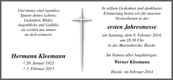 Traueranzeige von Hermann Kleemann von Neue Osnabrücker Zeitung GmbH & Co. KG