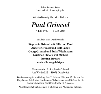 Traueranzeige von Paul Grimsel von Neue Osnabrücker Zeitung GmbH & Co. KG