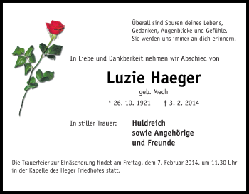 Traueranzeige von Luzie Haeger von Neue Osnabrücker Zeitung GmbH & Co. KG