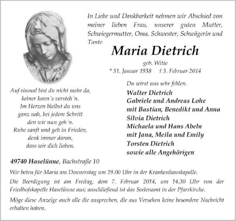  Traueranzeige für Maria Dietrich vom 05.02.2014 aus Neue Osnabrücker Zeitung GmbH & Co. KG