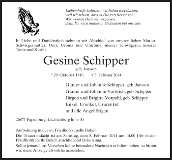 Traueranzeige von Gesine Schipper von Neue Osnabrücker Zeitung GmbH & Co. KG