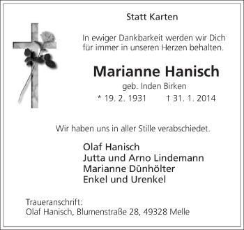Traueranzeige von Marianne Hanisch von Neue Osnabrücker Zeitung GmbH & Co. KG