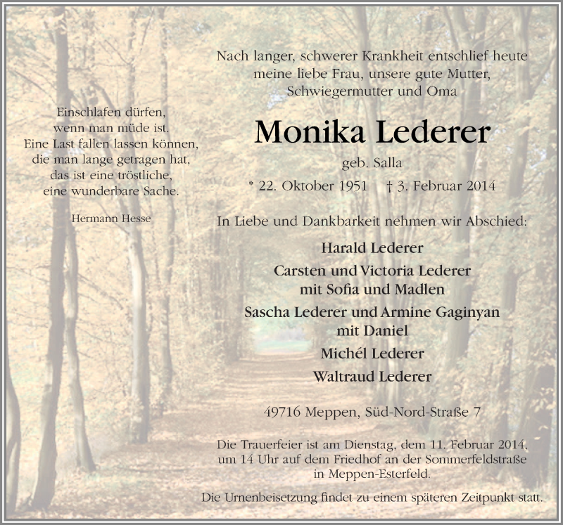  Traueranzeige für Monika Lederer vom 05.02.2014 aus Neue Osnabrücker Zeitung GmbH & Co. KG