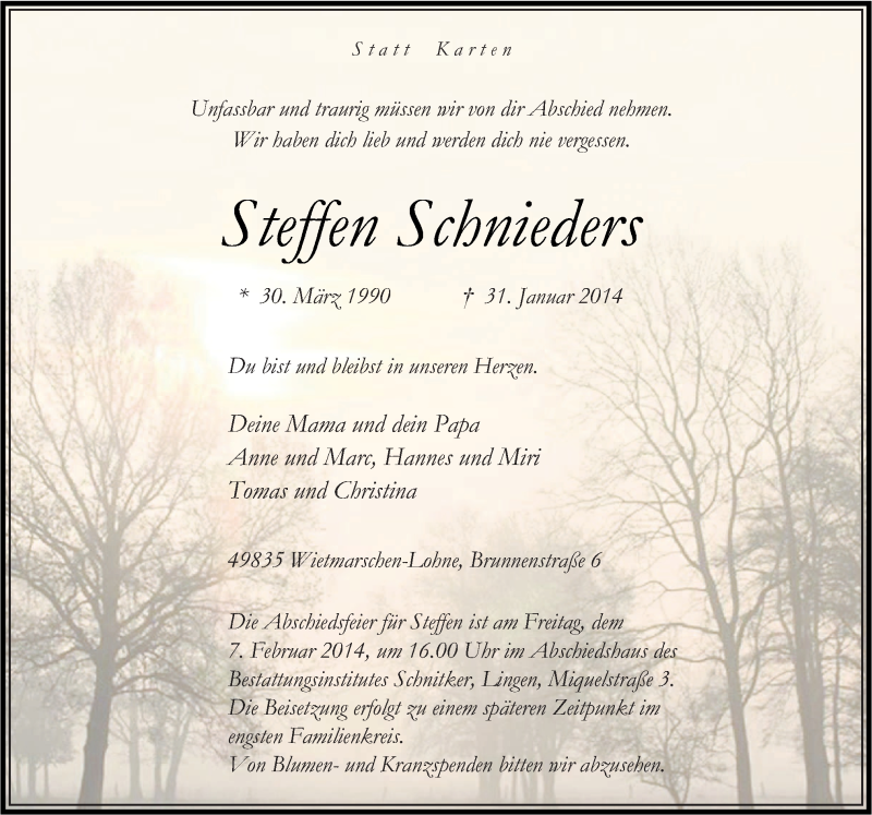  Traueranzeige für Steffen Schnieders vom 05.02.2014 aus Neue Osnabrücker Zeitung GmbH & Co. KG