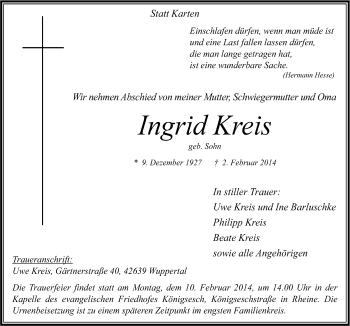 Traueranzeige von Ingrid Kreis von Neue Osnabrücker Zeitung GmbH & Co. KG