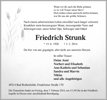 Traueranzeige von Friedrich Strunk von Neue Osnabrücker Zeitung GmbH & Co. KG