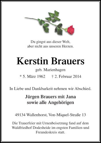 Traueranzeige von Kerstin Brauers von Neue Osnabrücker Zeitung GmbH & Co. KG