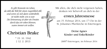 Traueranzeige von Christian Brake von Neue Osnabrücker Zeitung GmbH & Co. KG