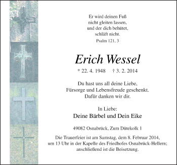 Traueranzeige von Erich Wessel von Neue Osnabrücker Zeitung GmbH & Co. KG