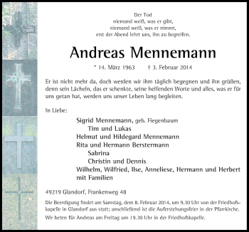 Traueranzeige von Andreas Mennemann von Neue Osnabrücker Zeitung GmbH & Co. KG