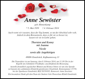 Traueranzeige von Anne Sewöster von Neue Osnabrücker Zeitung GmbH & Co. KG