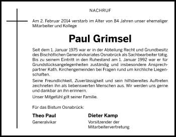 Traueranzeige von Paul Grimsel von Neue Osnabrücker Zeitung GmbH & Co. KG