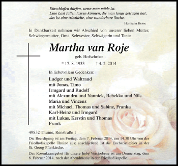 Traueranzeige von Martha van Roje von Neue Osnabrücker Zeitung GmbH & Co. KG