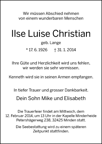 Traueranzeige von Ilse Luise Christian von Neue Osnabrücker Zeitung GmbH & Co. KG