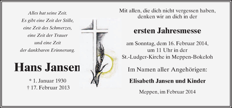  Traueranzeige für Hans Jansen vom 12.02.2014 aus Neue Osnabrücker Zeitung GmbH & Co. KG