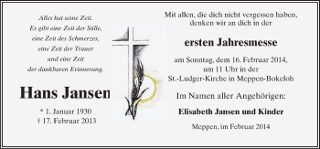 Traueranzeige von Hans Jansen von Neue Osnabrücker Zeitung GmbH & Co. KG