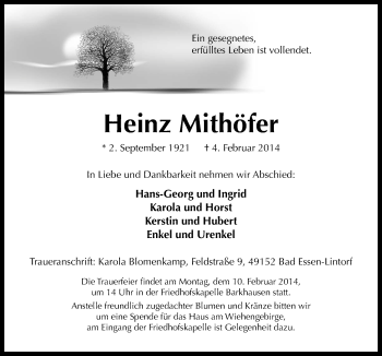 Traueranzeige von Heinz Mithöfer von Neue Osnabrücker Zeitung GmbH & Co. KG