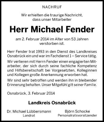 Traueranzeige von Michael Fender von Neue Osnabrücker Zeitung GmbH & Co. KG