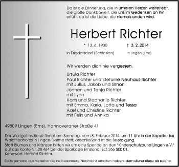 Traueranzeige von Herbert Richter von Neue Osnabrücker Zeitung GmbH & Co. KG