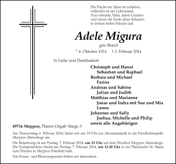 Traueranzeige von Adele Migura von Neue Osnabrücker Zeitung GmbH & Co. KG