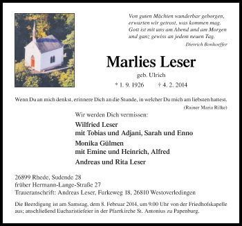 Traueranzeige von Marlies Leser von Neue Osnabrücker Zeitung GmbH & Co. KG